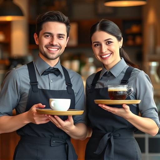 Dois funcionários sorrindo do Café Aromático, vestindo uniformes e segurando bandejas com café.