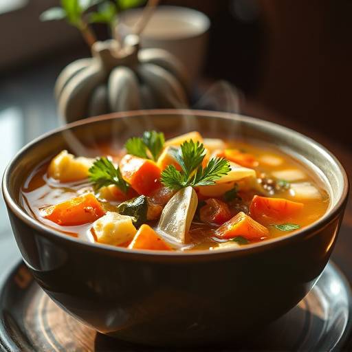 Tigela de sopa do dia com vegetais frescos.
